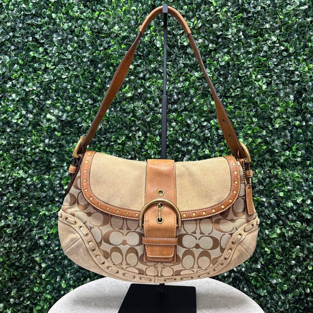 Coach SoHo Shoulder Bag logo suede trim brown beige Vintage